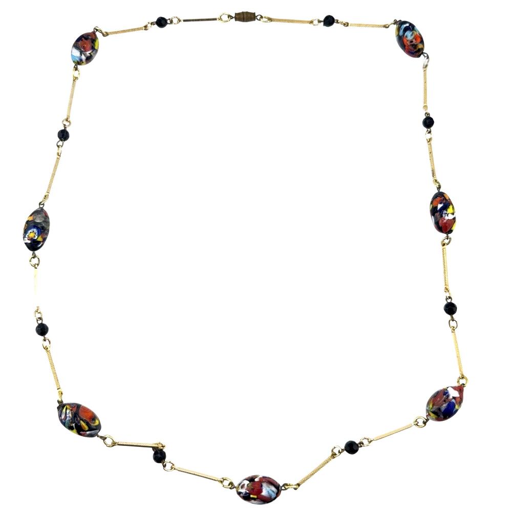 Vintage Gold-Tone Millefiori Multicolor Glass Bead Station Necklace 28”